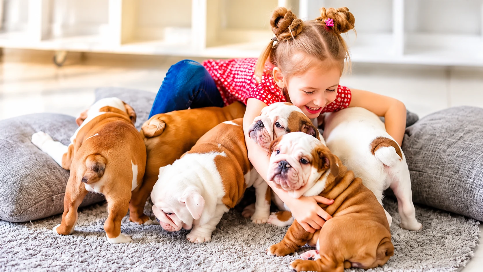 Criança abraçando filhotes de Bulldog Inglês em um ambiente claro