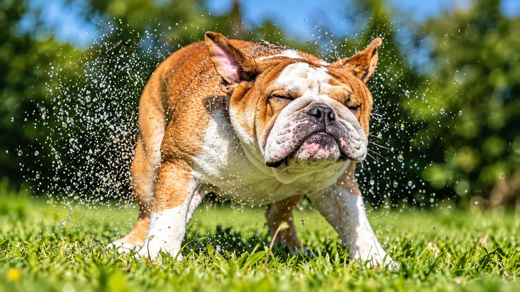 Bulldog Inglês caramelo e branco se sacudindo ao ar livre, sobre a grama