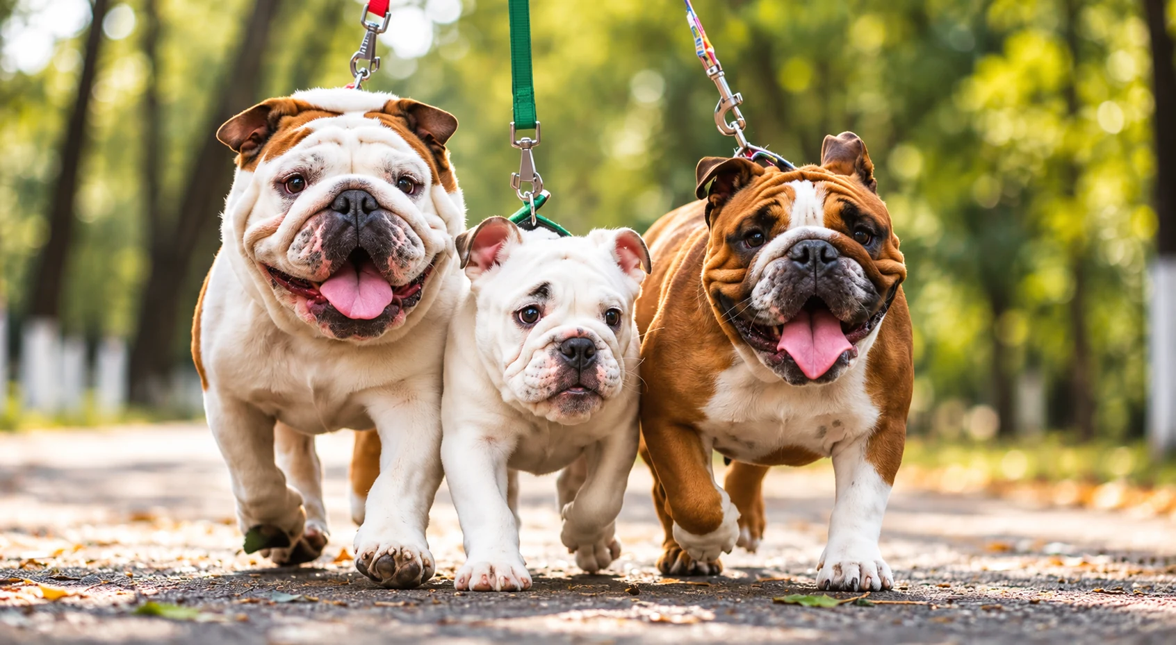 Três Bulldogs Ingleses, dois adultos e um filhote, passeando juntos em um caminho arborizado