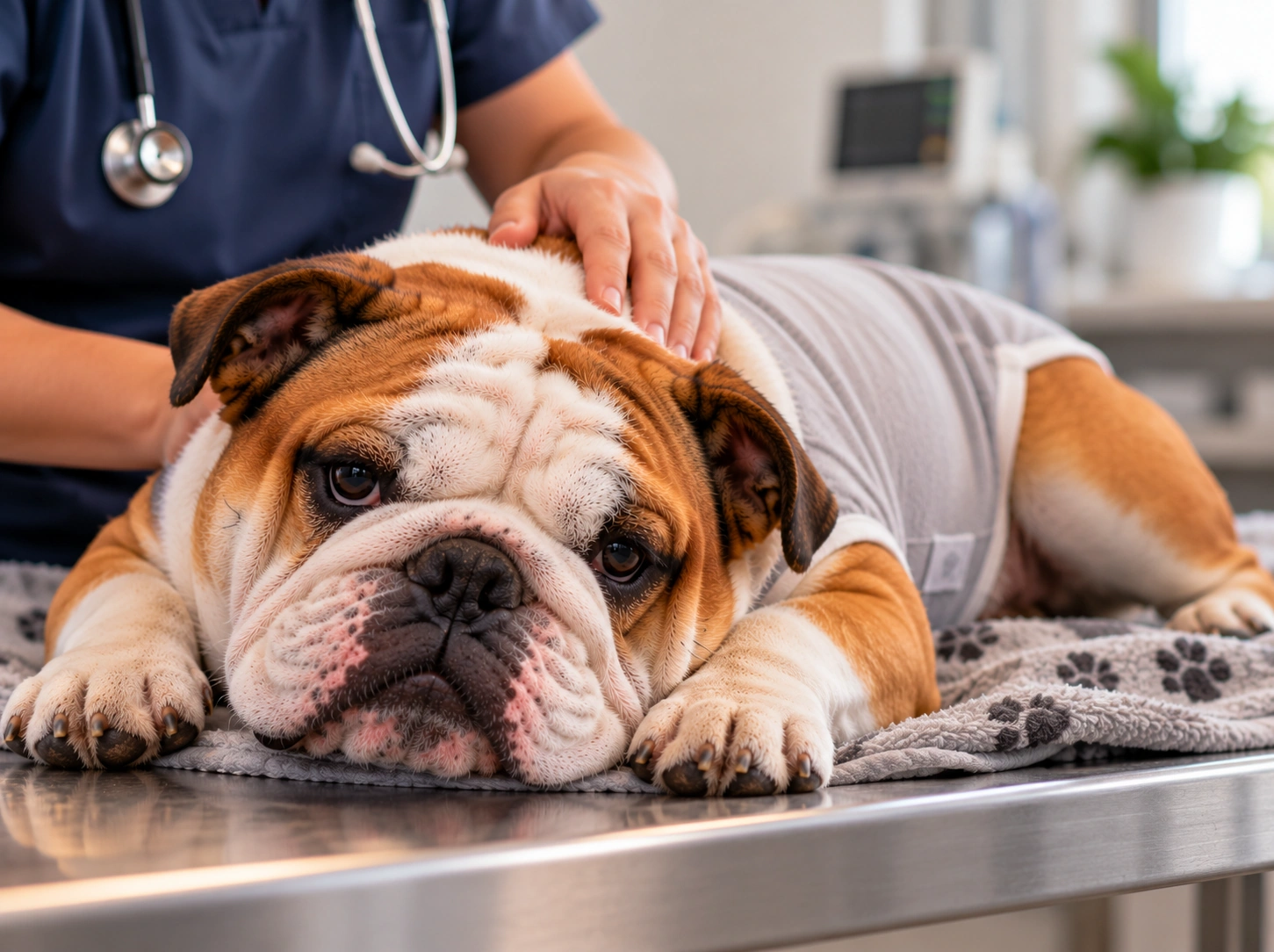 Bulldog Recebe Carinho na Clínica Veterinária