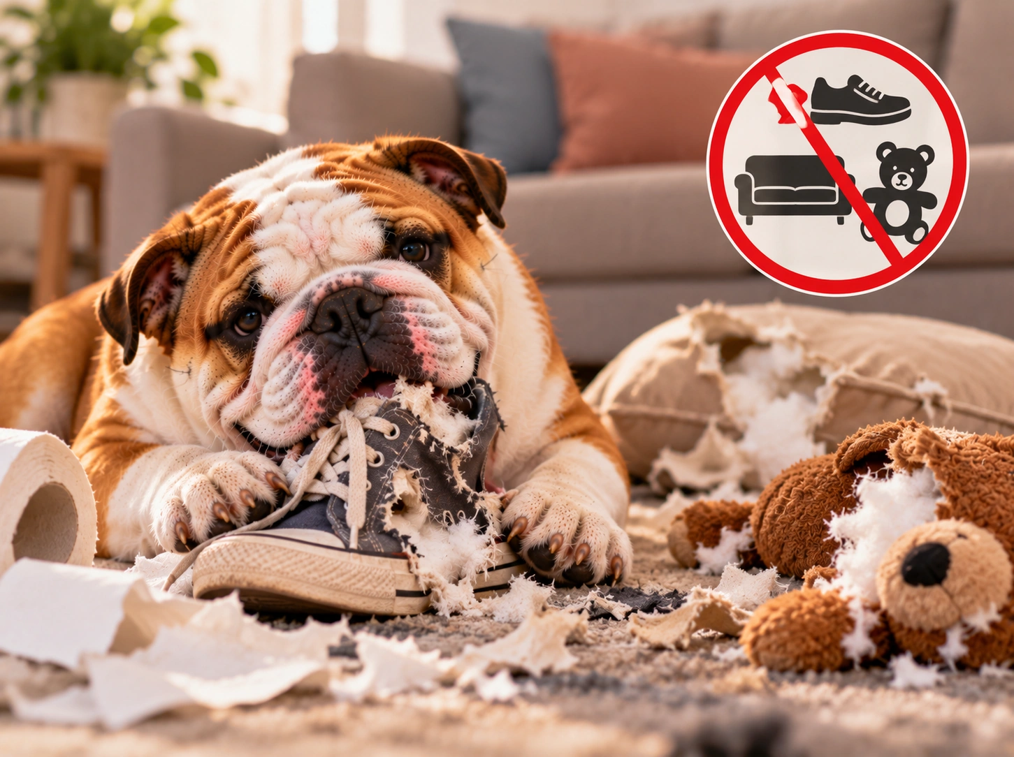 Bulldogue cercado pela destruição