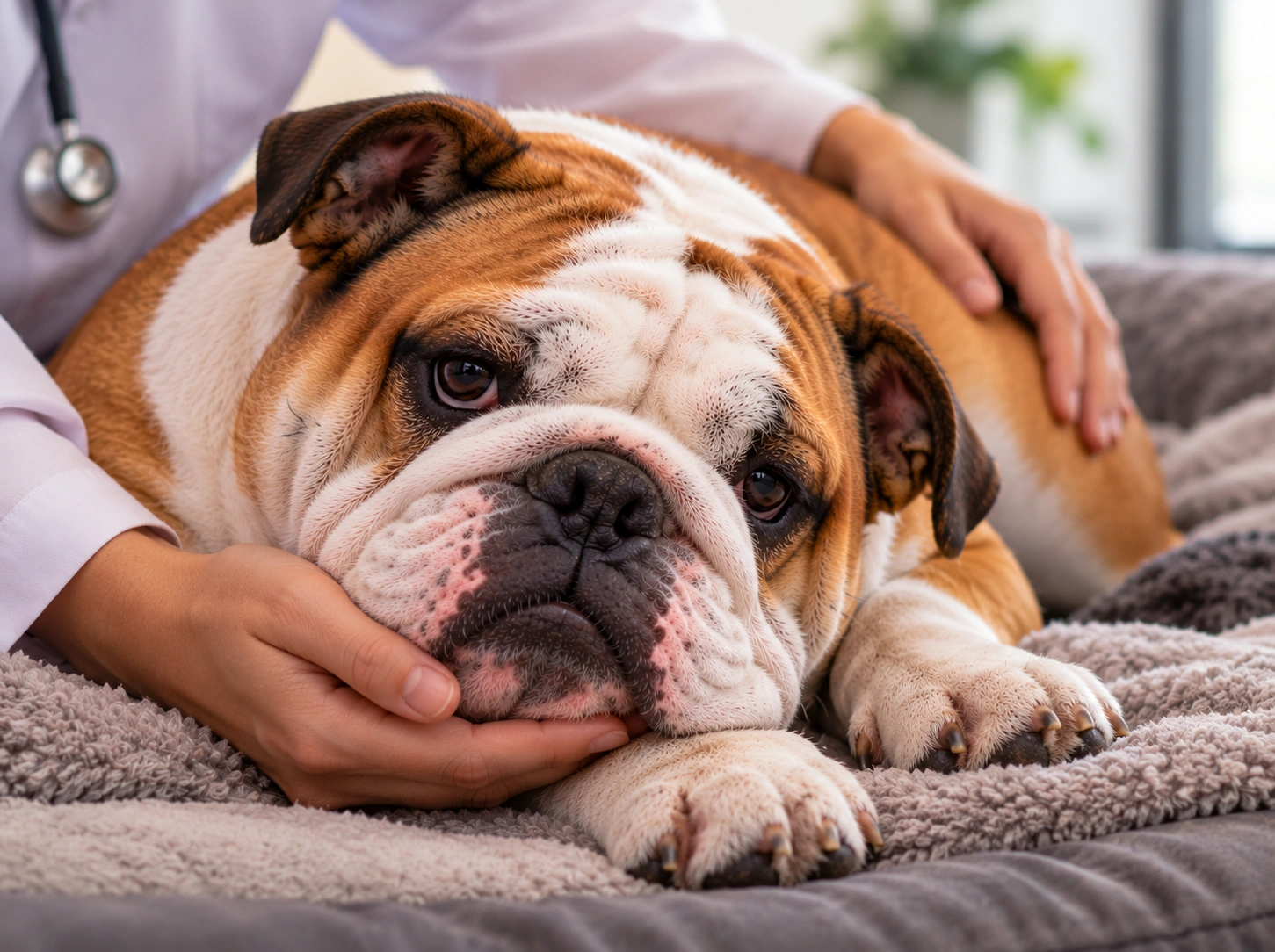 Bulldogue confortado pelo veterinário